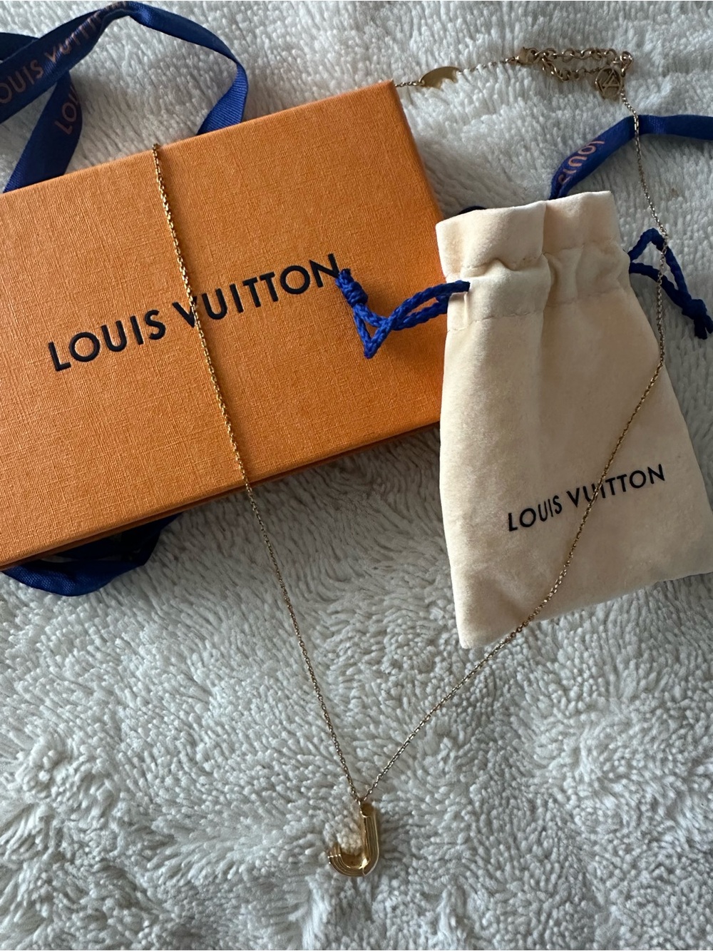 Louis Vuitton Gold J-Initial Pendant Necklace with Blue Accent Ribbon